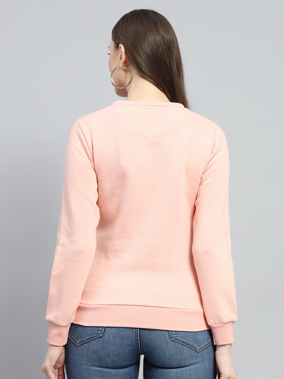 Women Peach Printed Round Neck Full Sleeve Sweatshirt