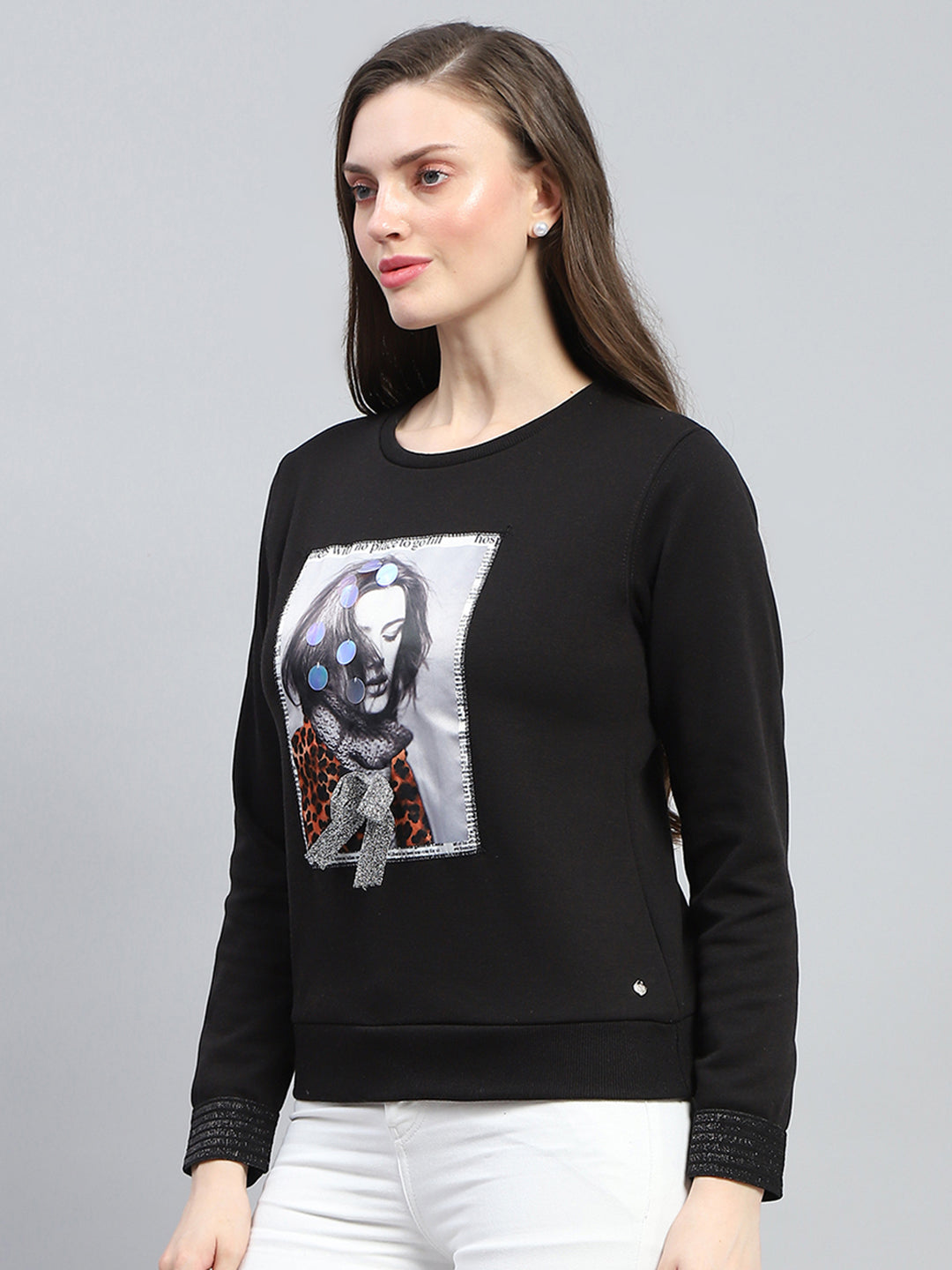 Women Black Printed Round Neck Full Sleeve Sweatshirt