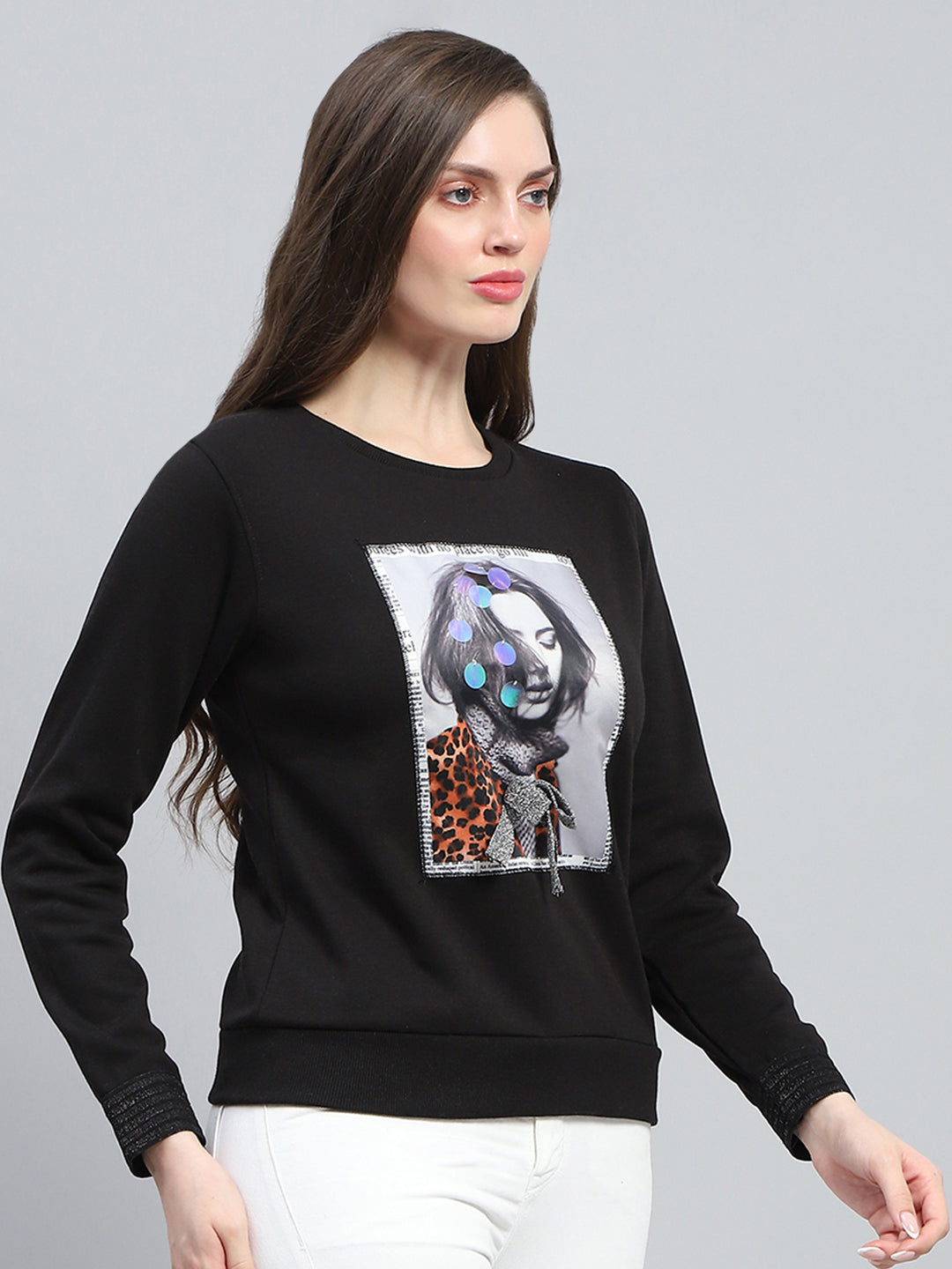 Women Black Printed Round Neck Full Sleeve Sweatshirt