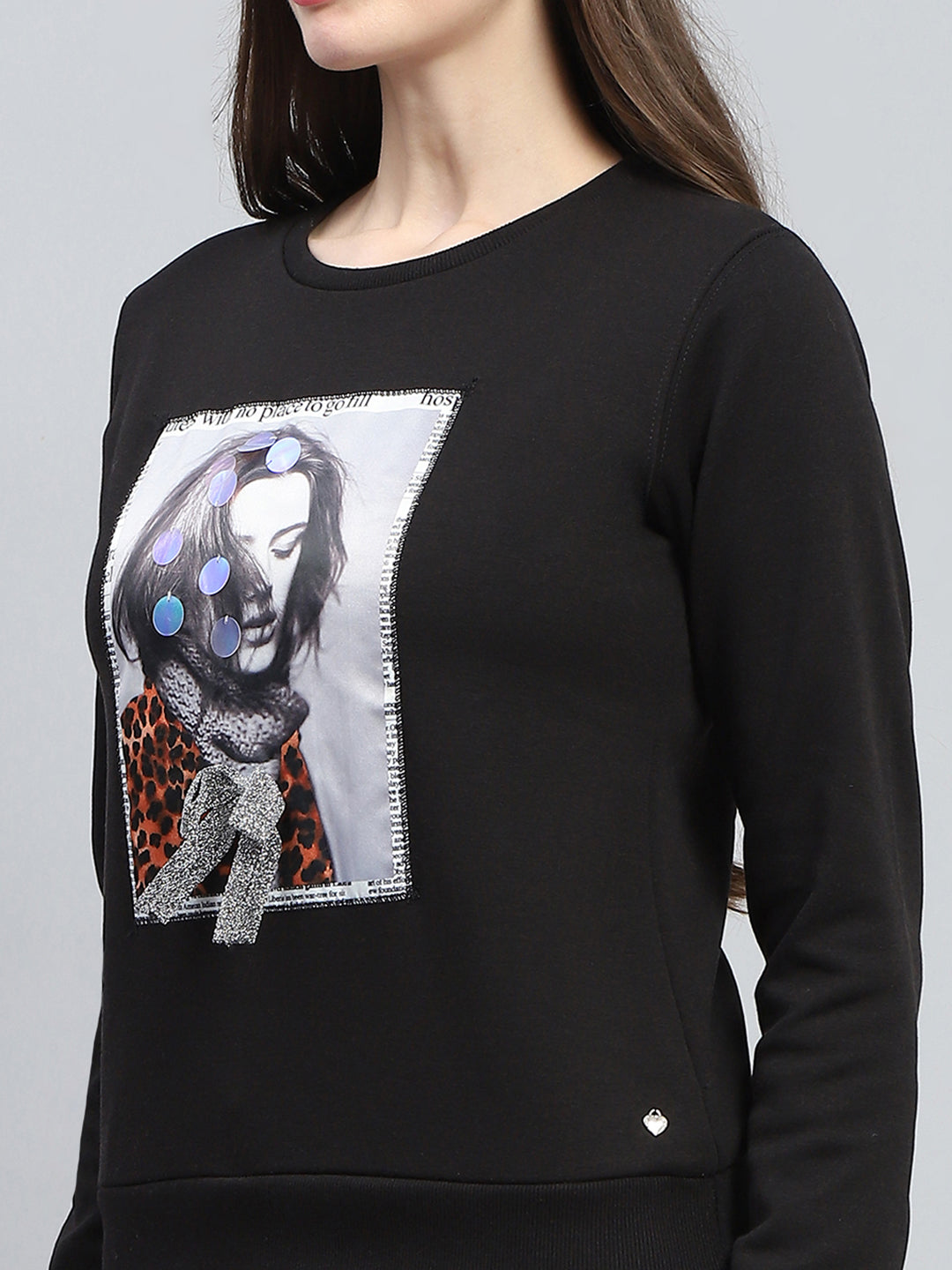 Women Black Printed Round Neck Full Sleeve Sweatshirt