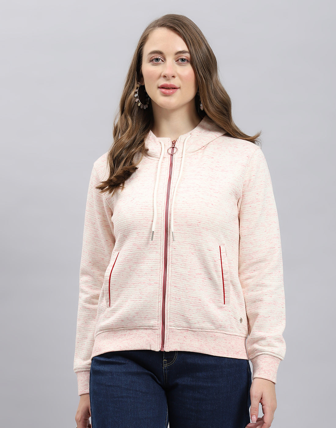 Women Pink Stripe Hooded Full Sleeve Sweatshirt