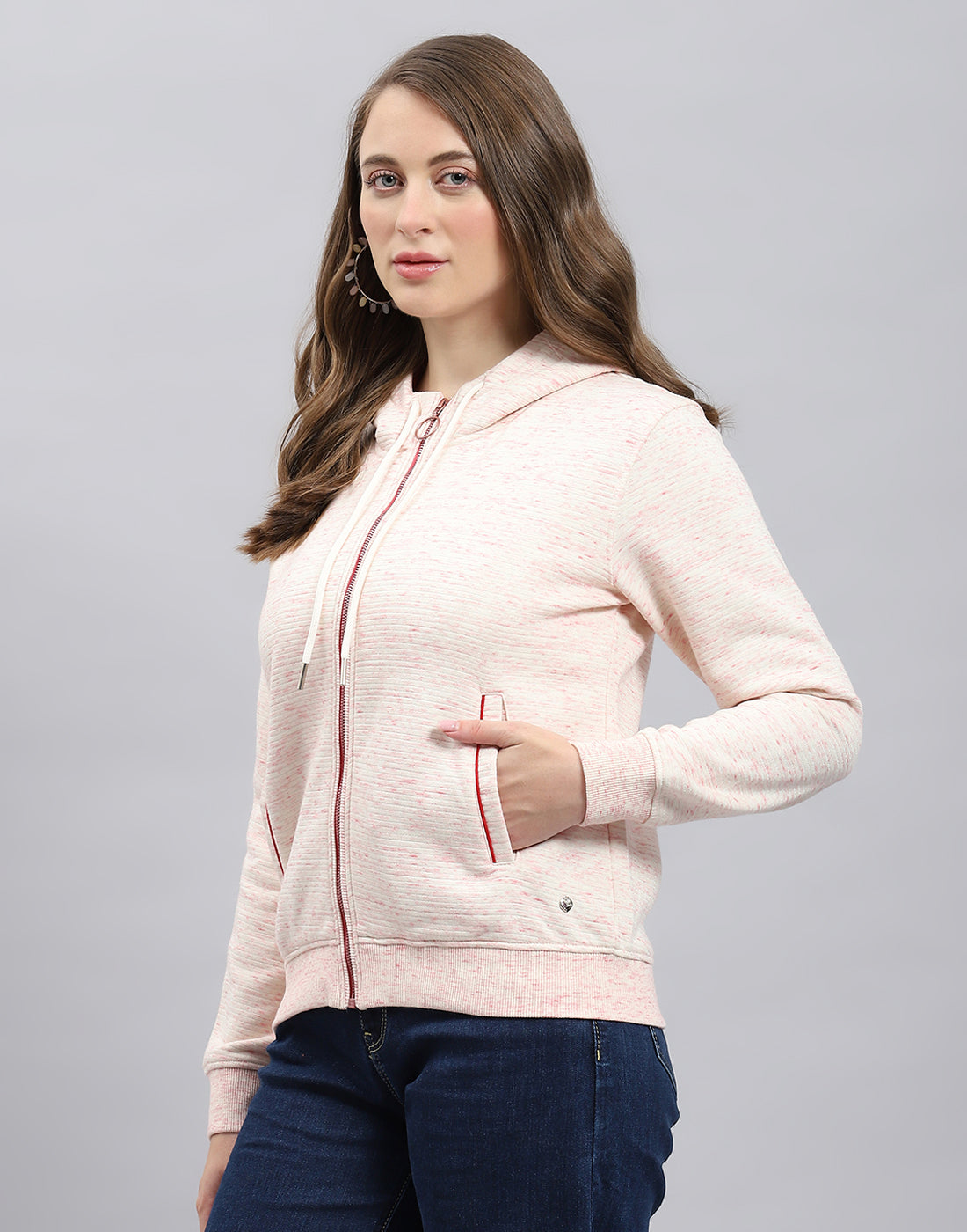 Women Pink Stripe Hooded Full Sleeve Sweatshirt