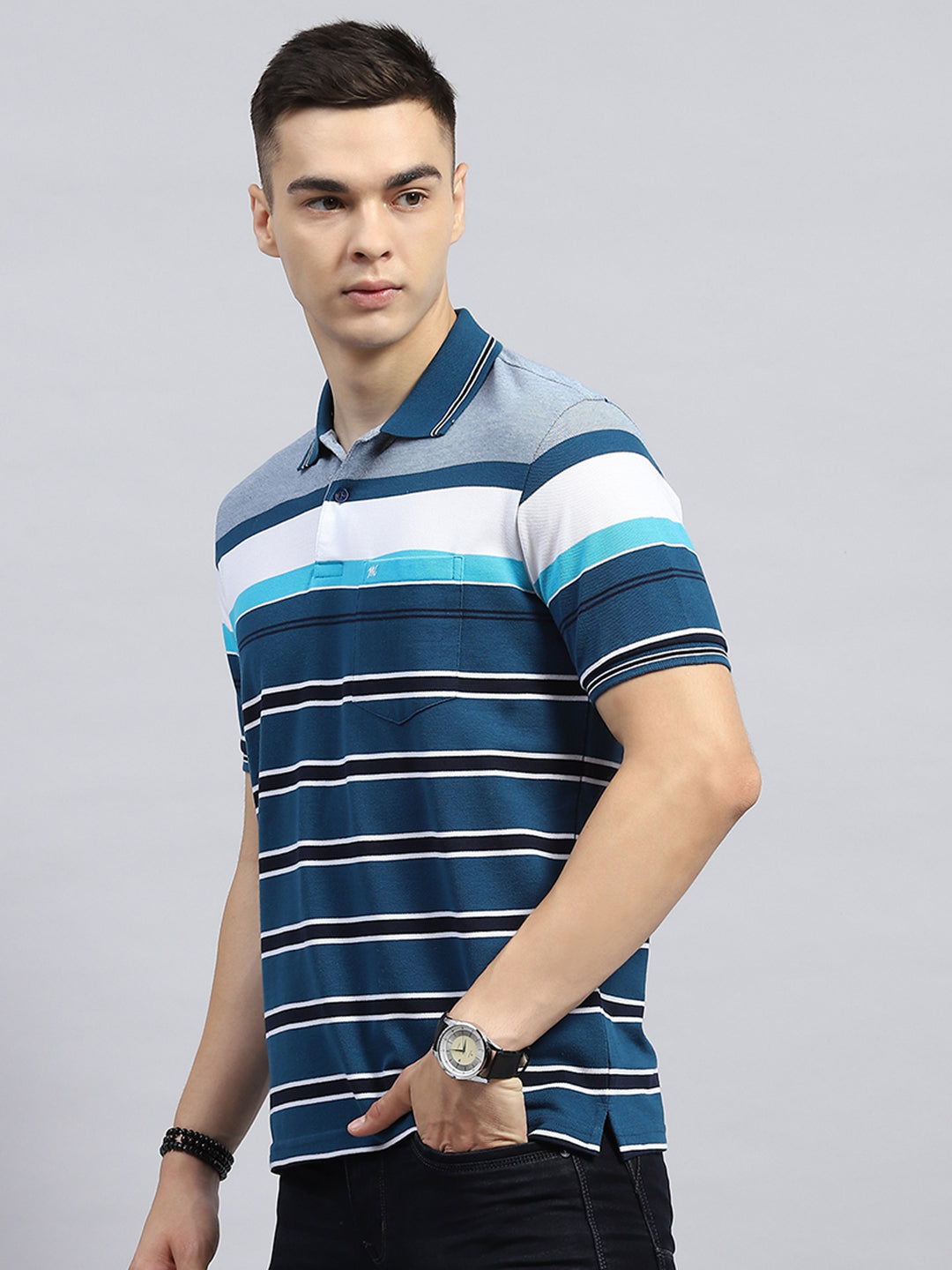 Men Blue Stripe Collar Half Sleeve T-Shirt