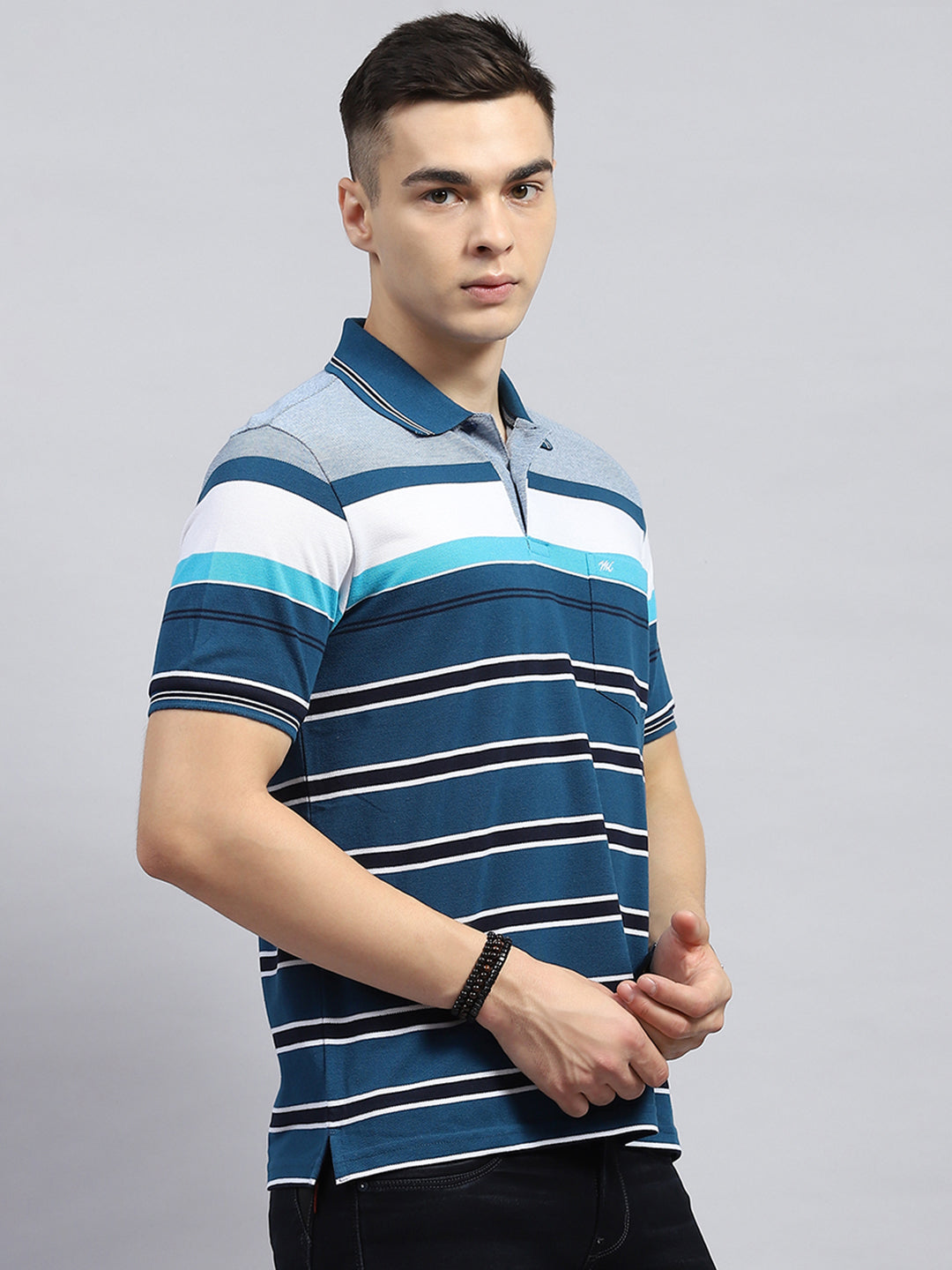 Men Blue Stripe Collar Half Sleeve T-Shirt