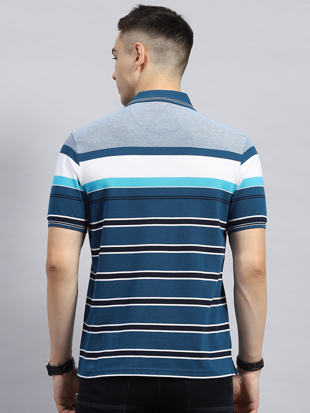 Men Blue Stripe Collar Half Sleeve T-Shirt