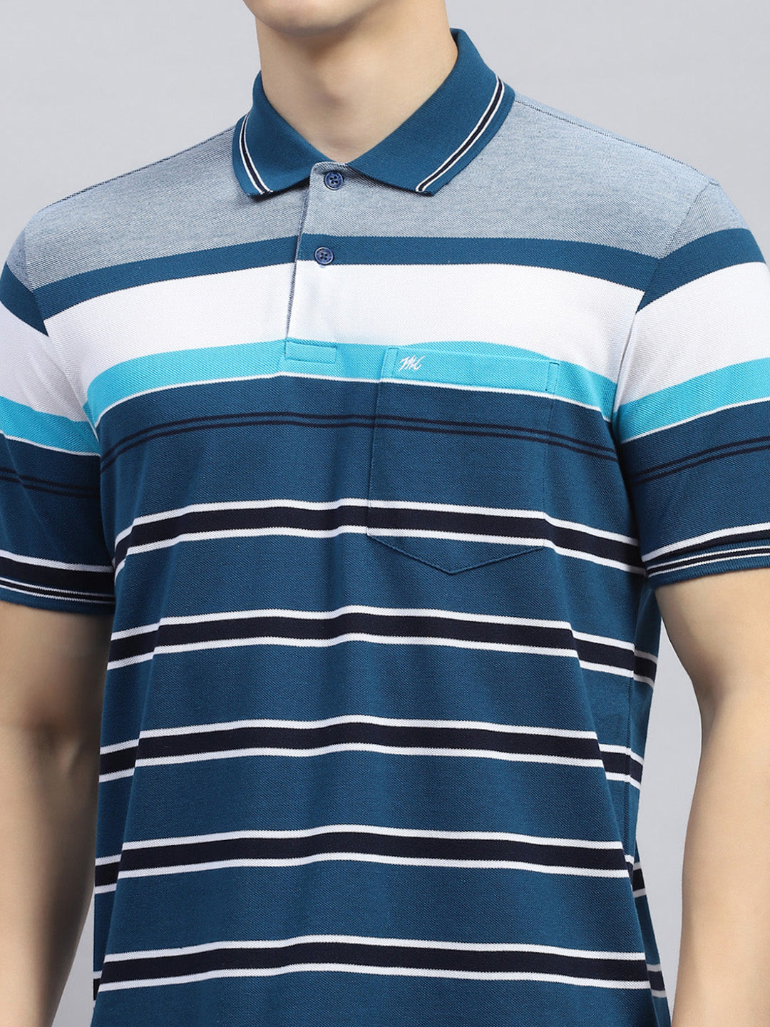 Men Blue Stripe Collar Half Sleeve T-Shirt