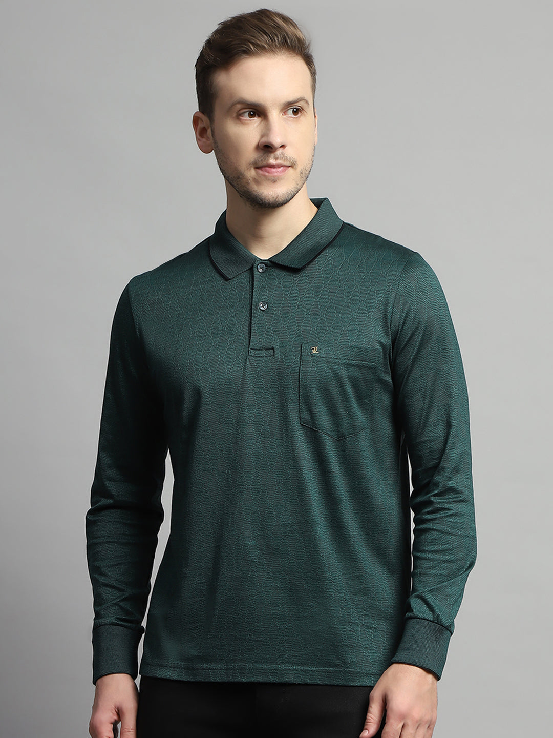 Men Green Self Design Collar Full Sleeve Winter T-Shirt