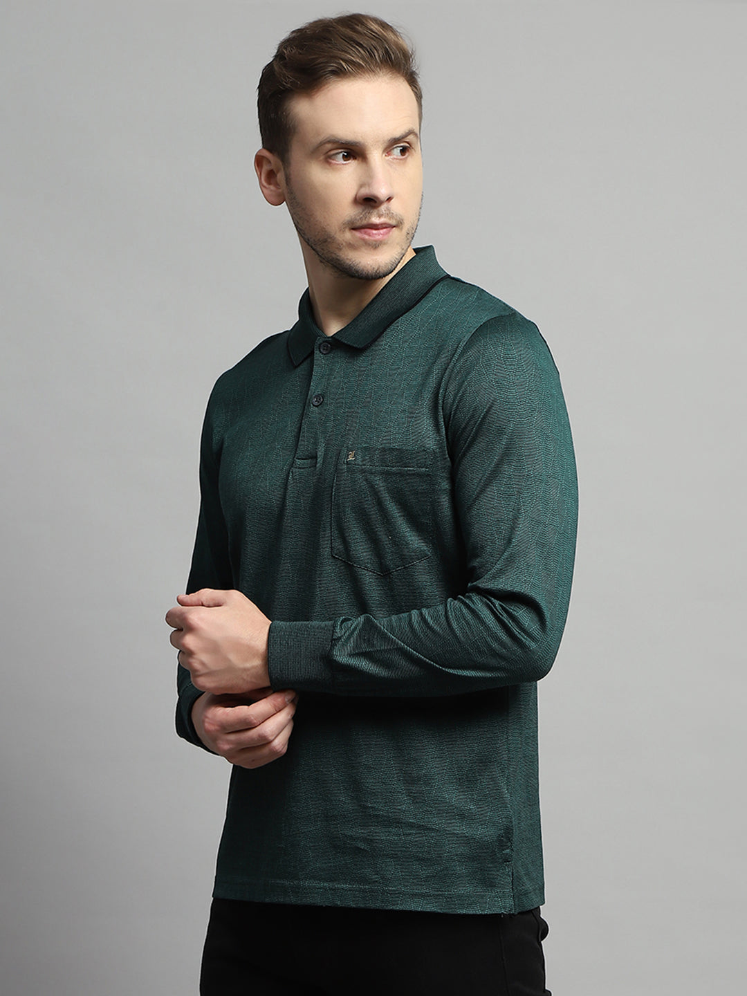 Men Green Self Design Collar Full Sleeve Winter T-Shirt