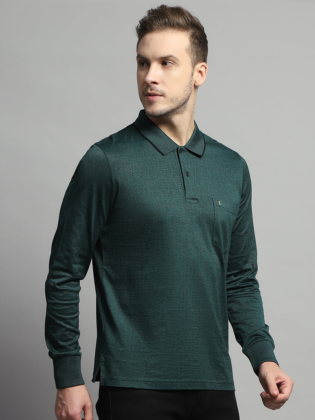 Men Green Self Design Collar Full Sleeve Winter T-Shirt