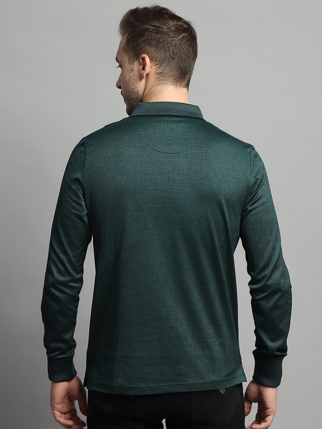 Men Green Self Design Collar Full Sleeve Winter T-Shirt