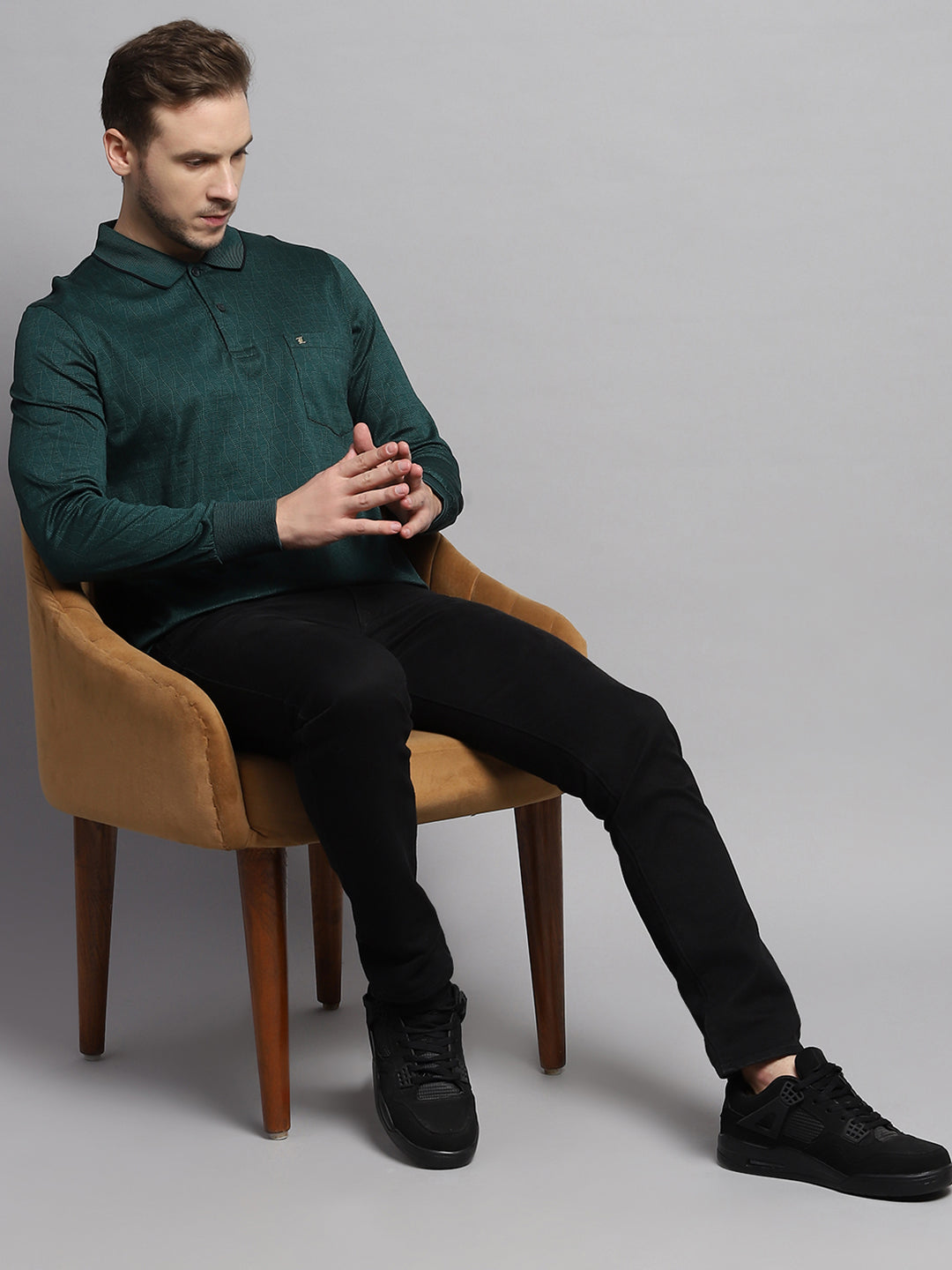 Men Green Self Design Collar Full Sleeve Winter T-Shirt