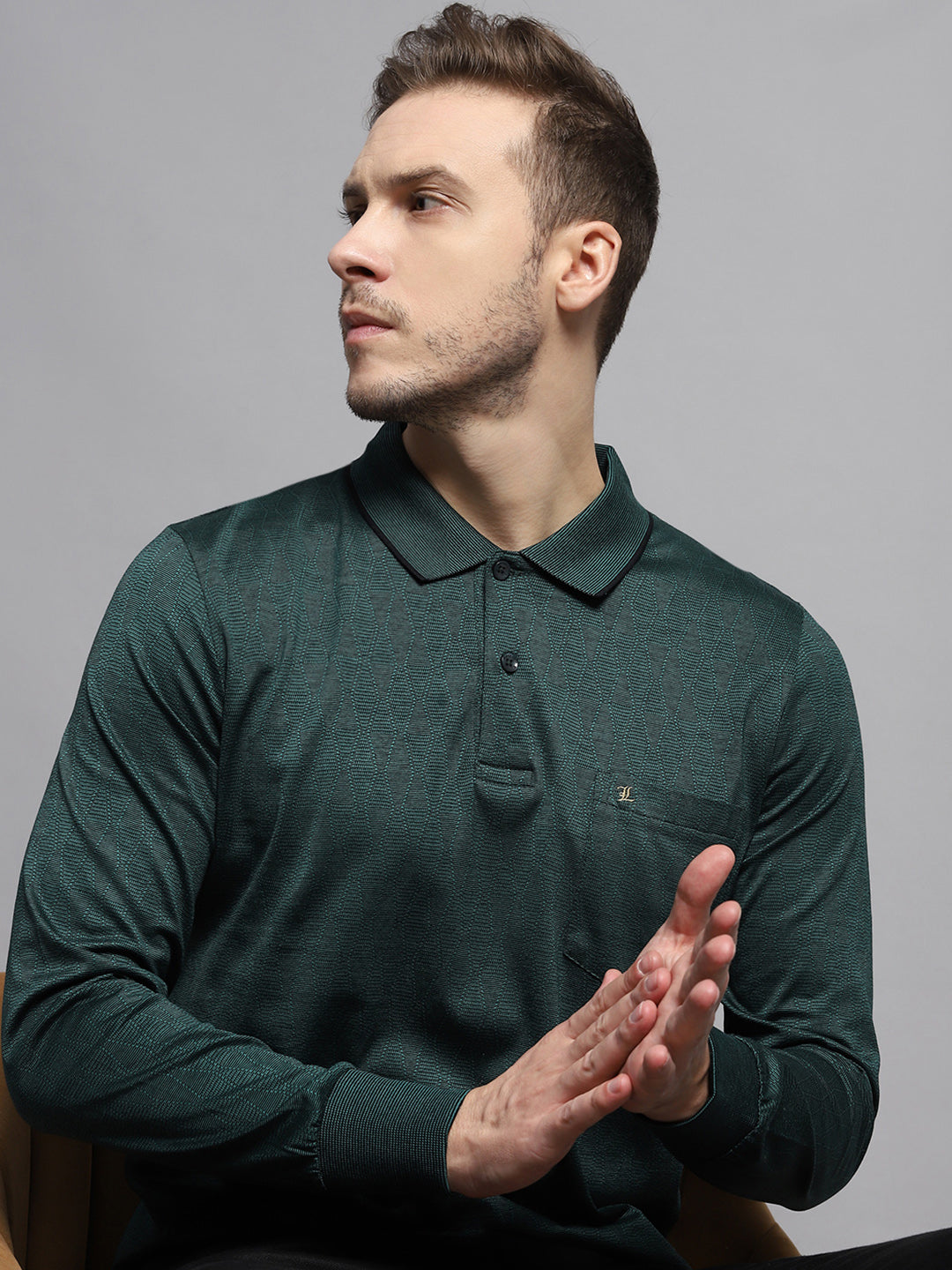 Men Green Self Design Collar Full Sleeve Winter T-Shirt