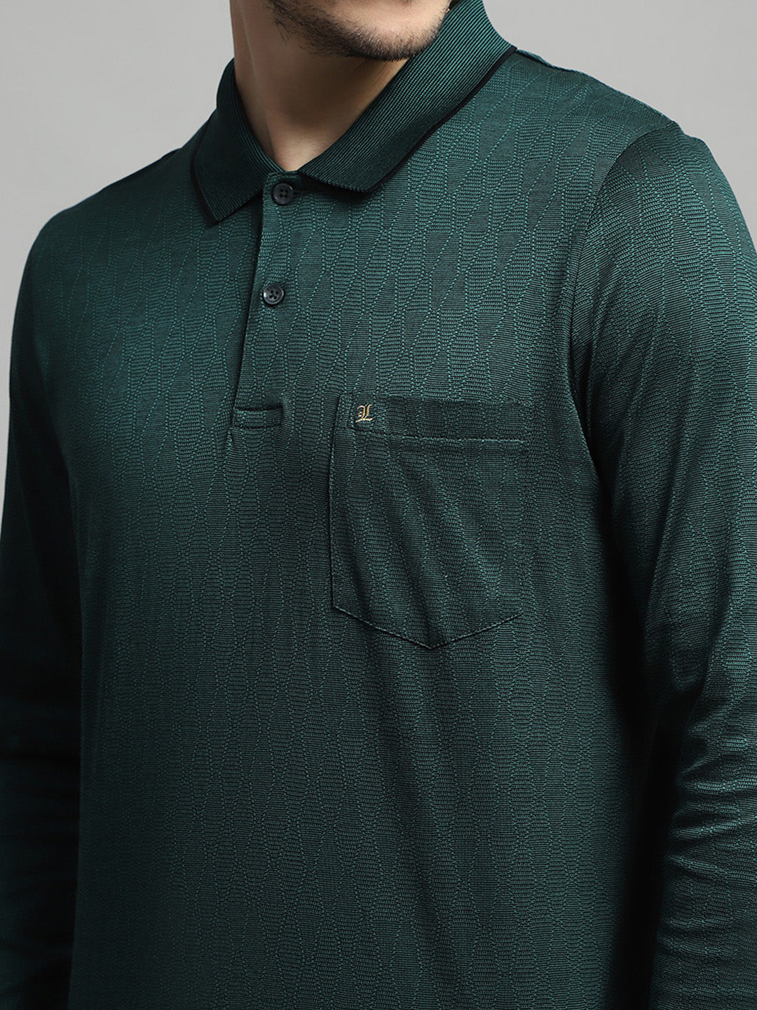 Men Green Self Design Collar Full Sleeve Winter T-Shirt