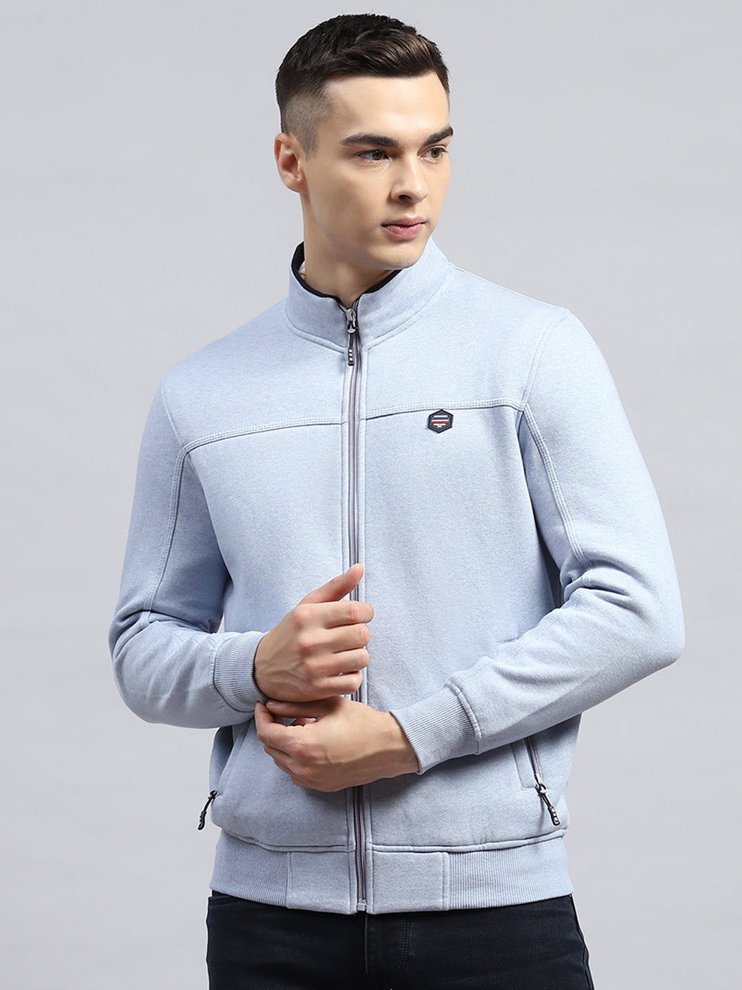 Men Sky Blue Solid Mock Neck Full Sleeve Sweatshirt