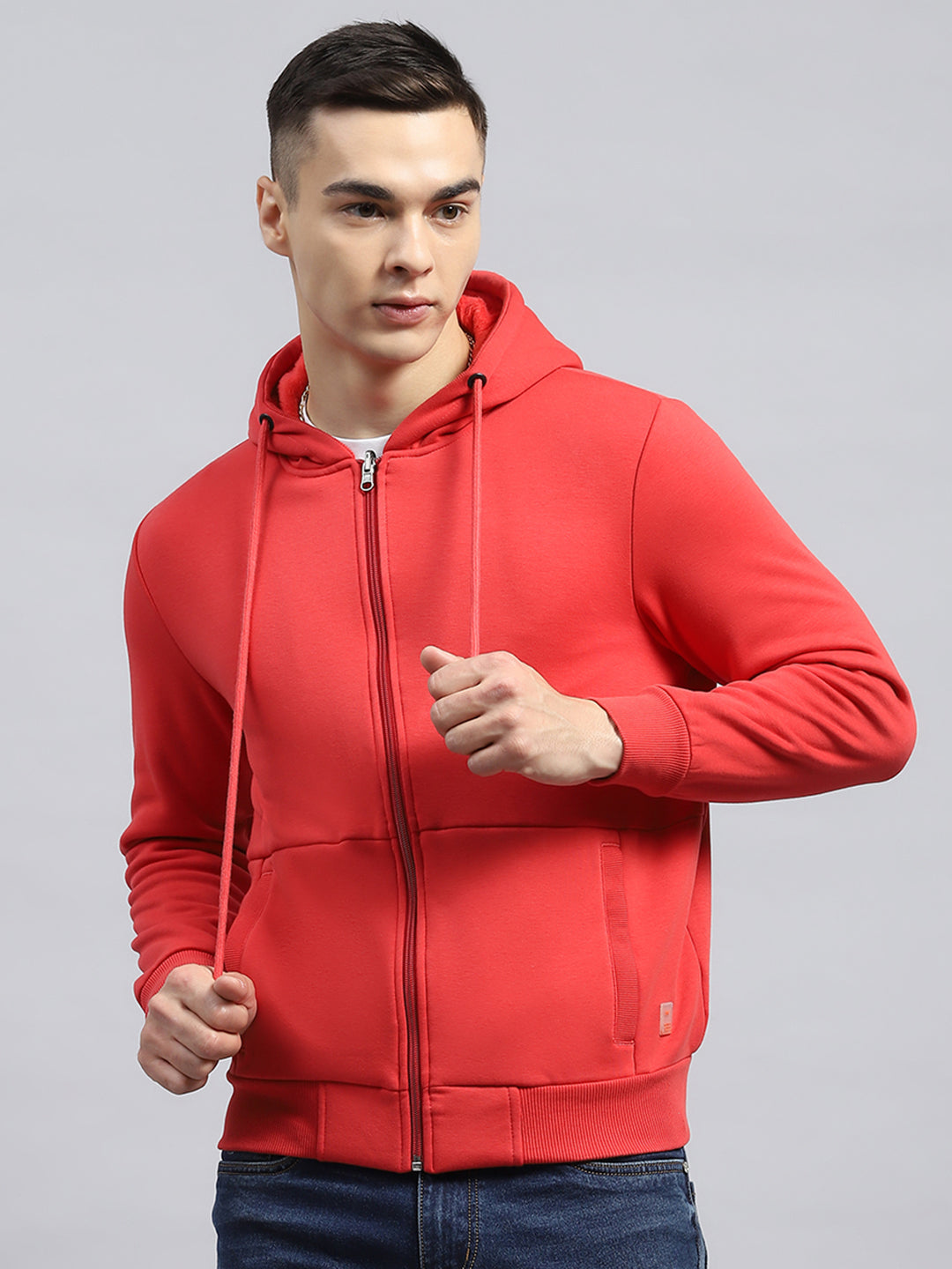 Men Coral Solid Hooded Full Sleeve Sweatshirt