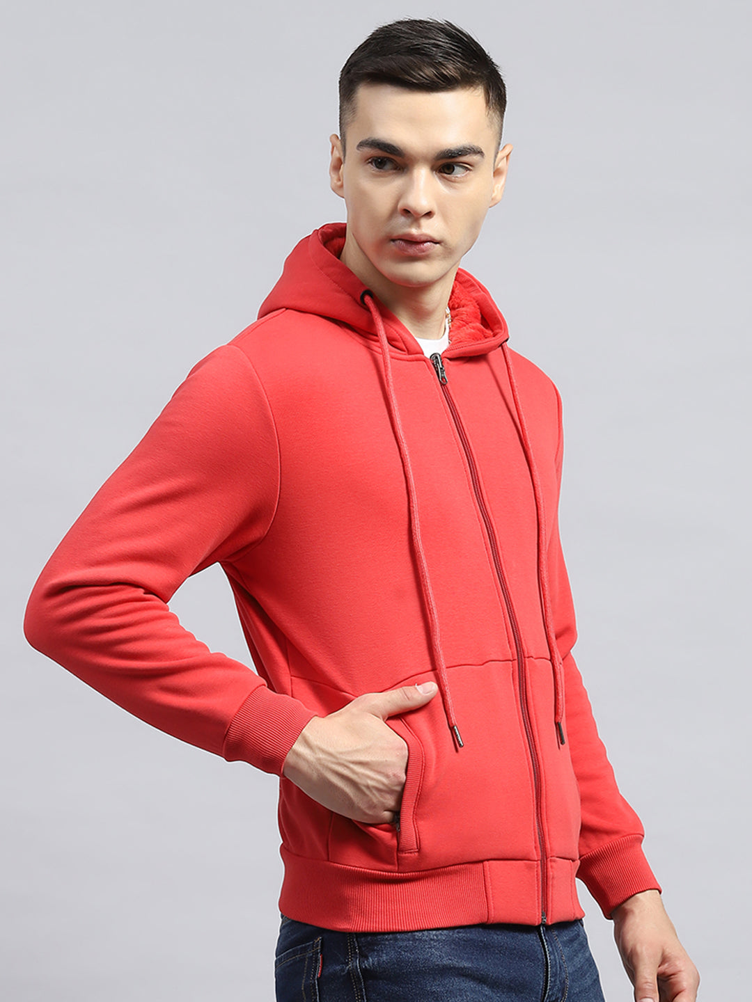 Men Coral Solid Hooded Full Sleeve Sweatshirt