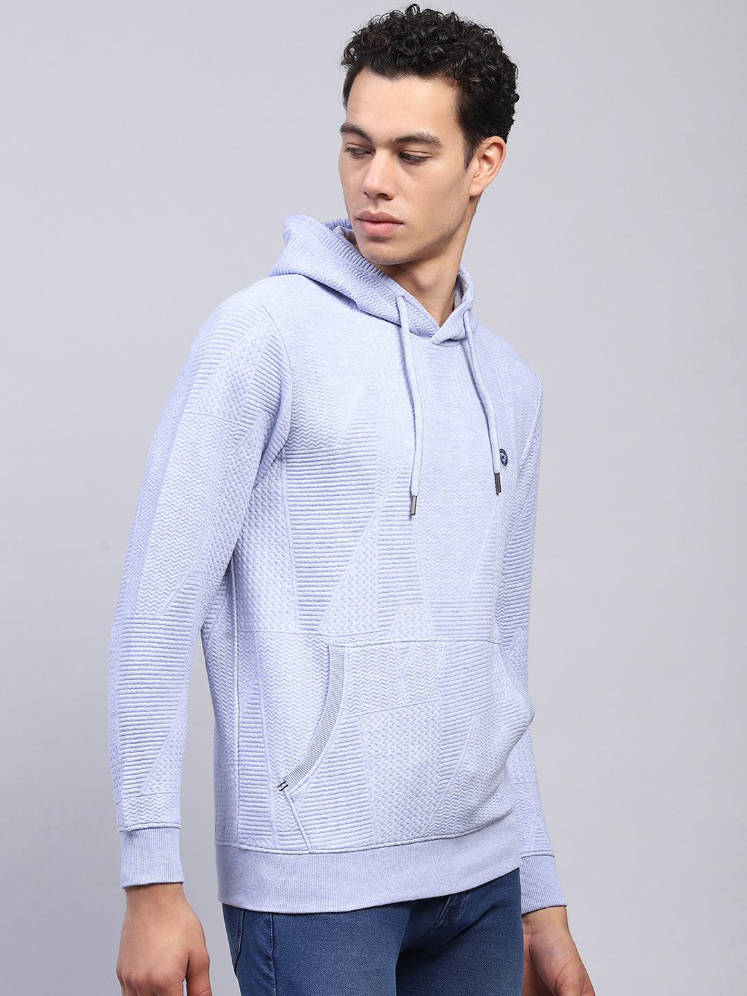 Men Blue Self Design Hooded Full Sleeve Sweatshirt