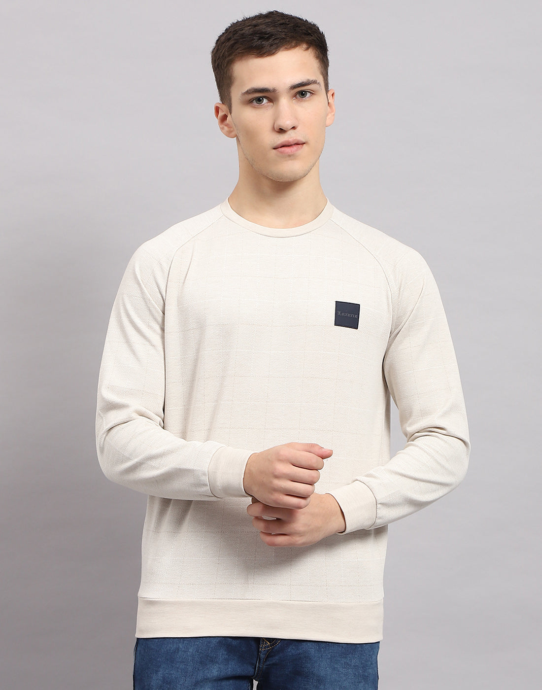 Men Beige Solid Round Neck Full Sleeve Sweatshirt