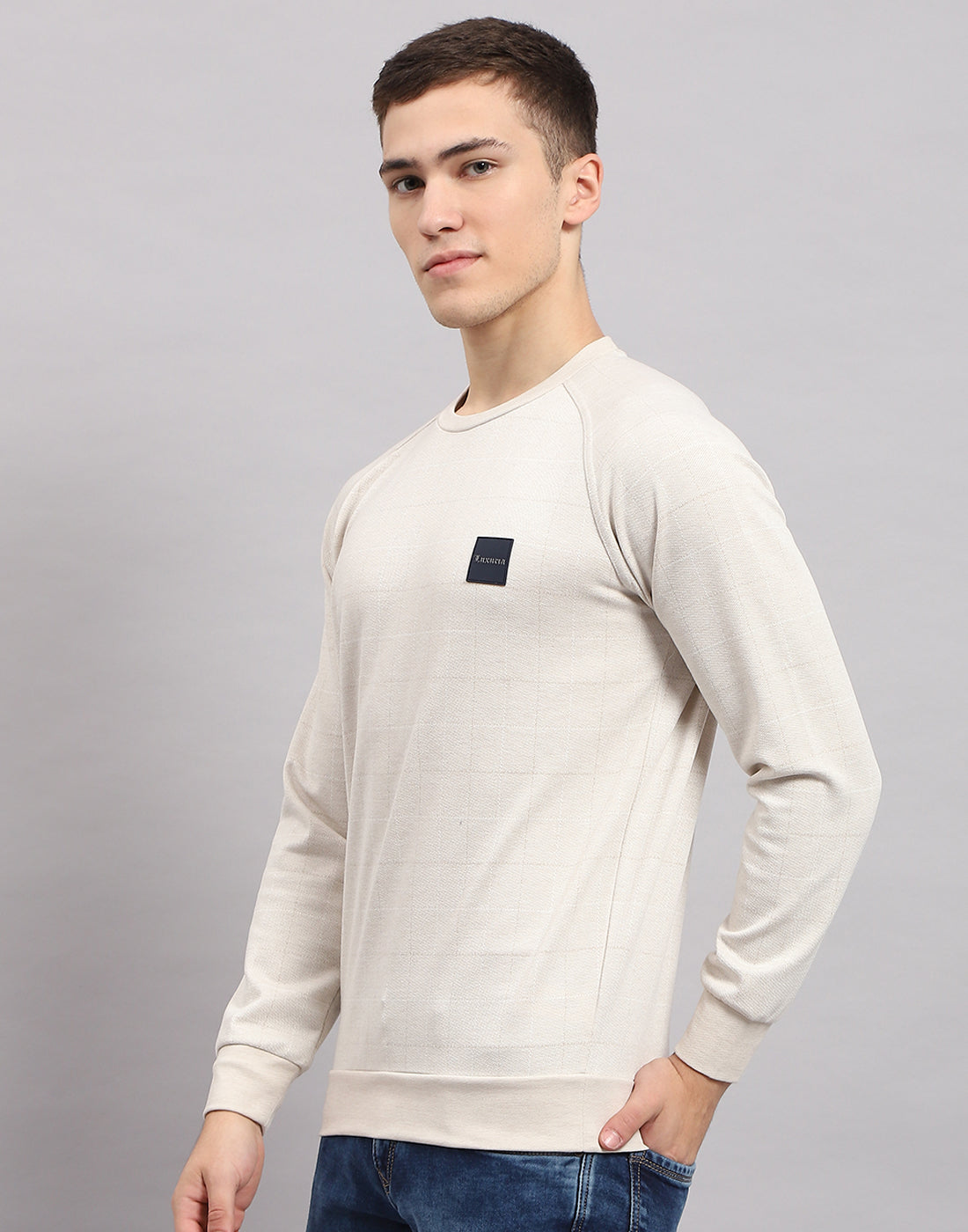 Men Beige Solid Round Neck Full Sleeve Sweatshirt