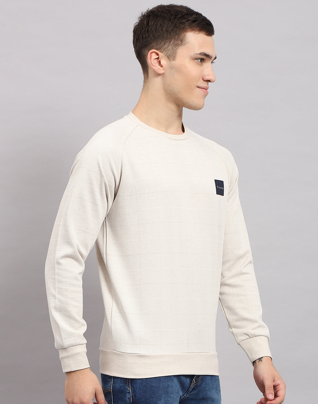 Men Beige Solid Round Neck Full Sleeve Sweatshirt