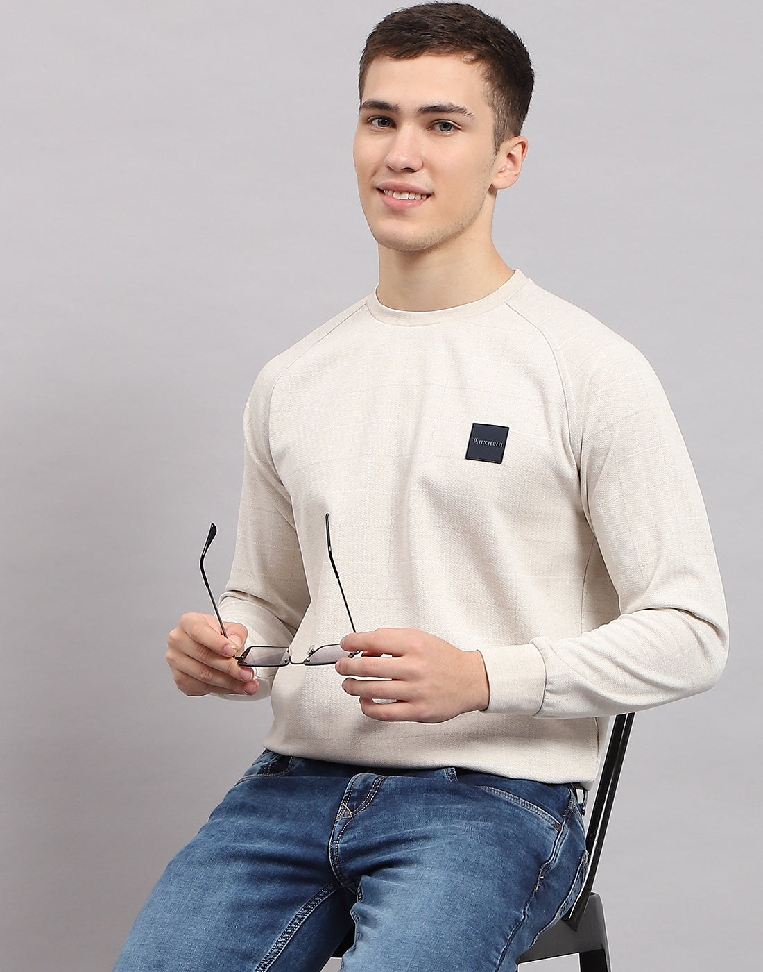 Men Beige Solid Round Neck Full Sleeve Sweatshirt