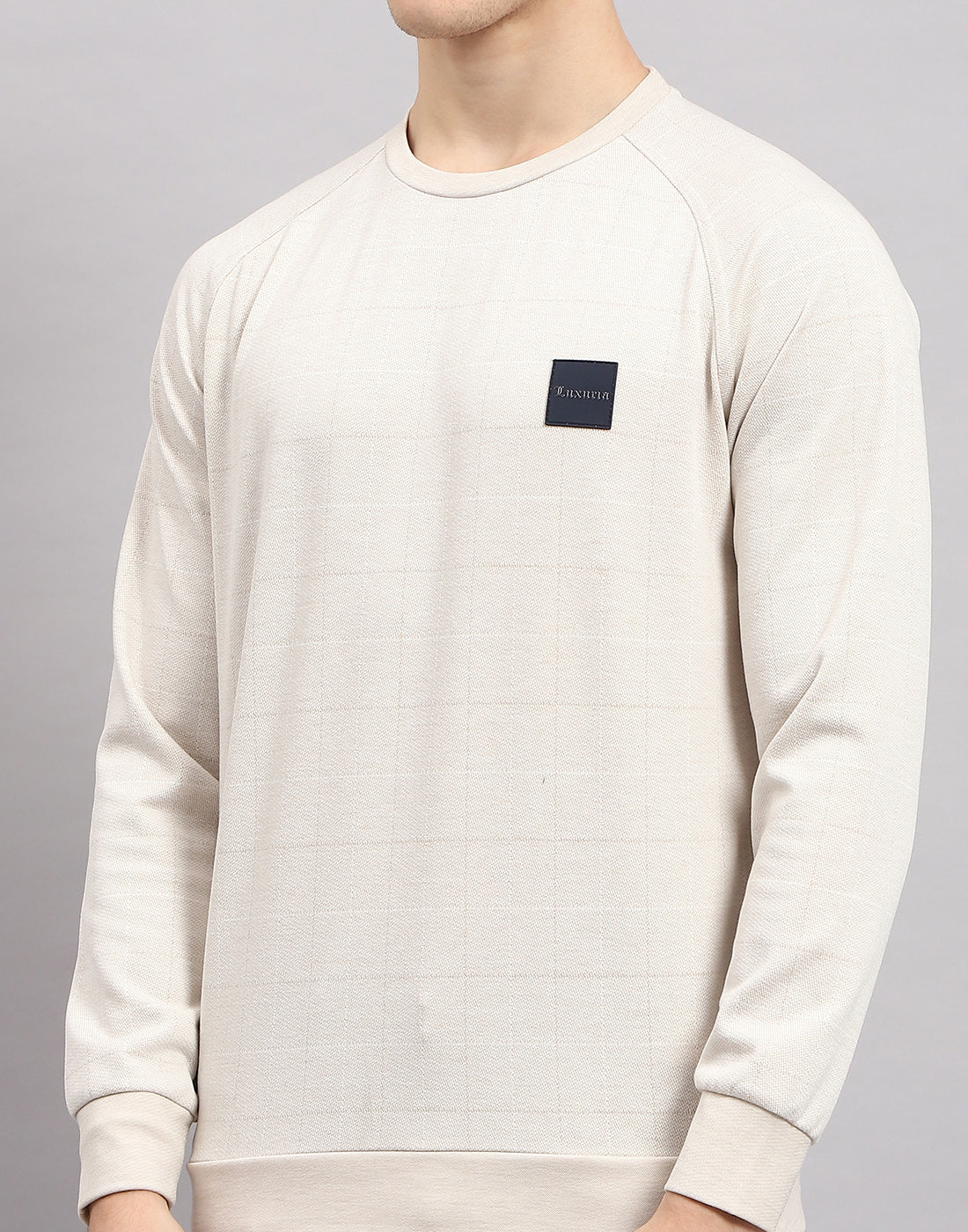 Men Beige Solid Round Neck Full Sleeve Sweatshirt