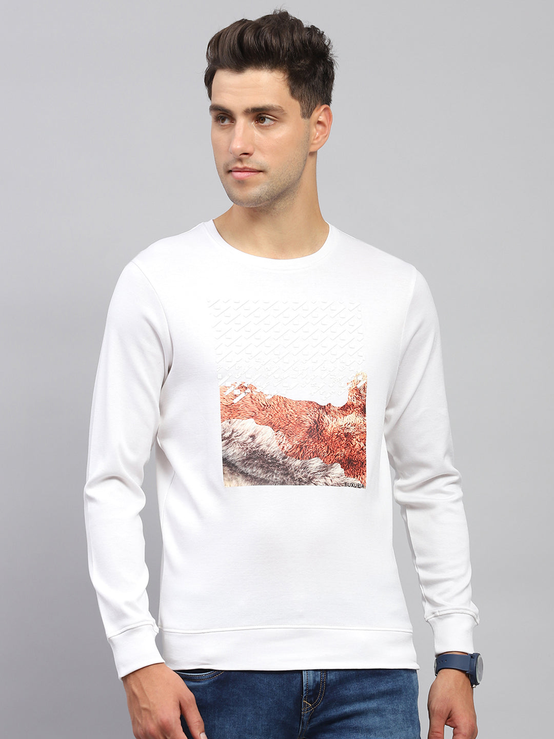 Men White Printed Round Neck Full Sleeve Sweatshirt