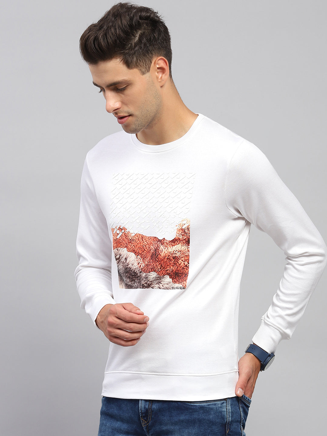 Men White Printed Round Neck Full Sleeve Sweatshirt