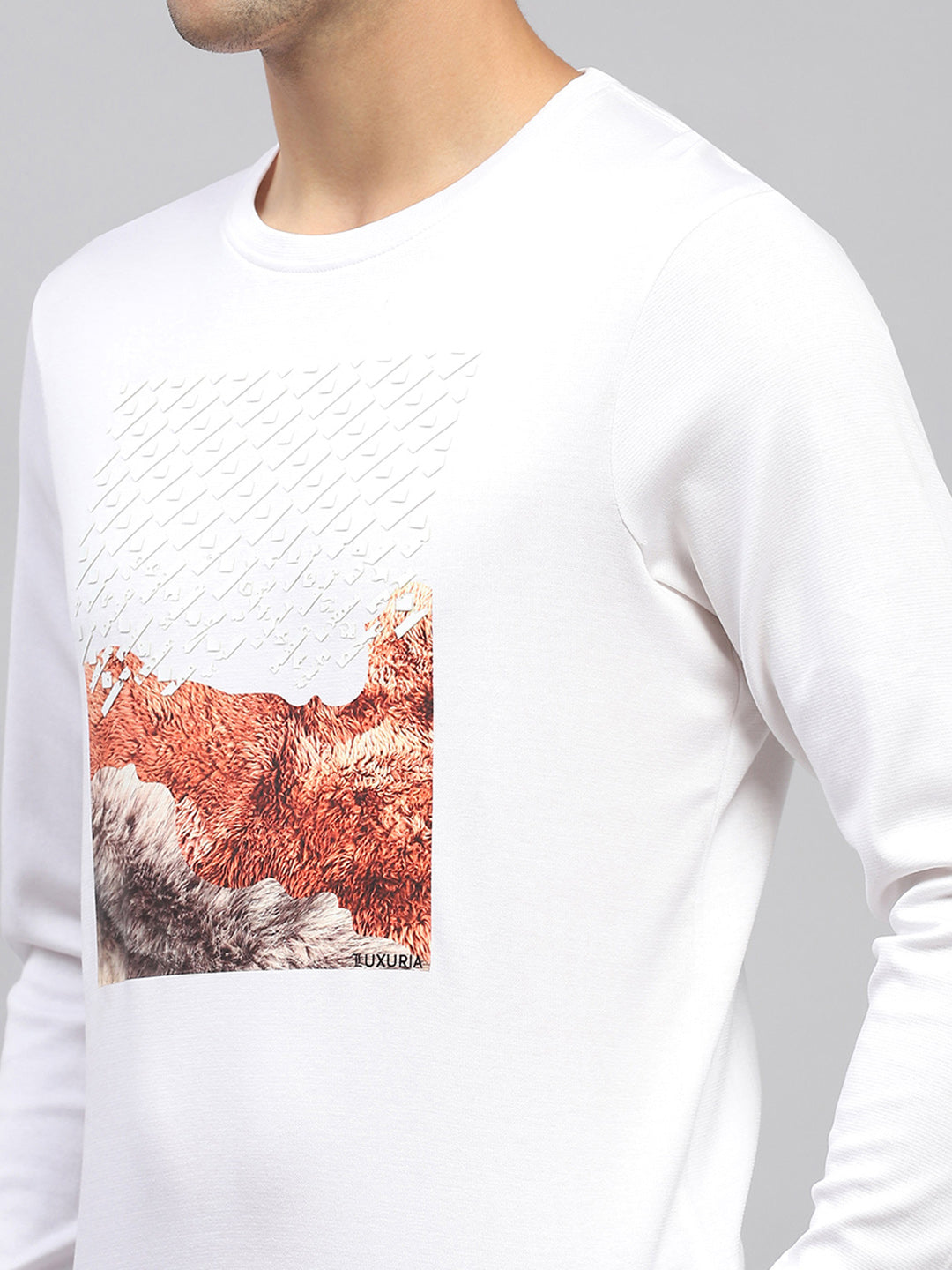 Men White Printed Round Neck Full Sleeve Sweatshirt