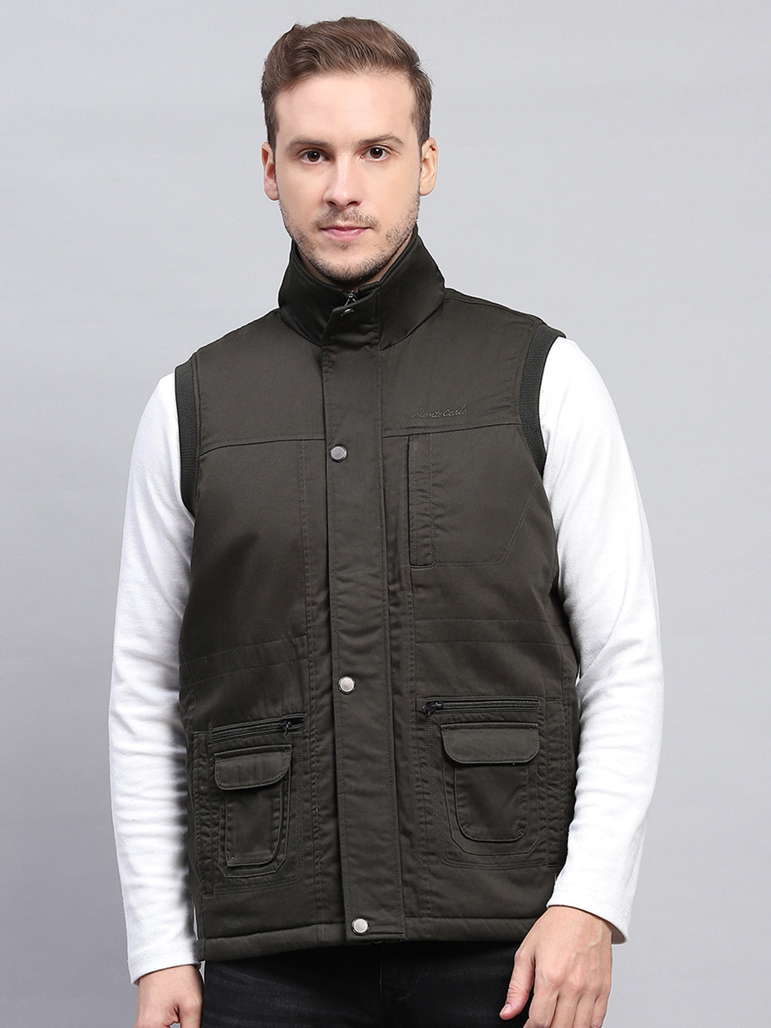 Men Olive Solid Collar Sleeveless Jacket