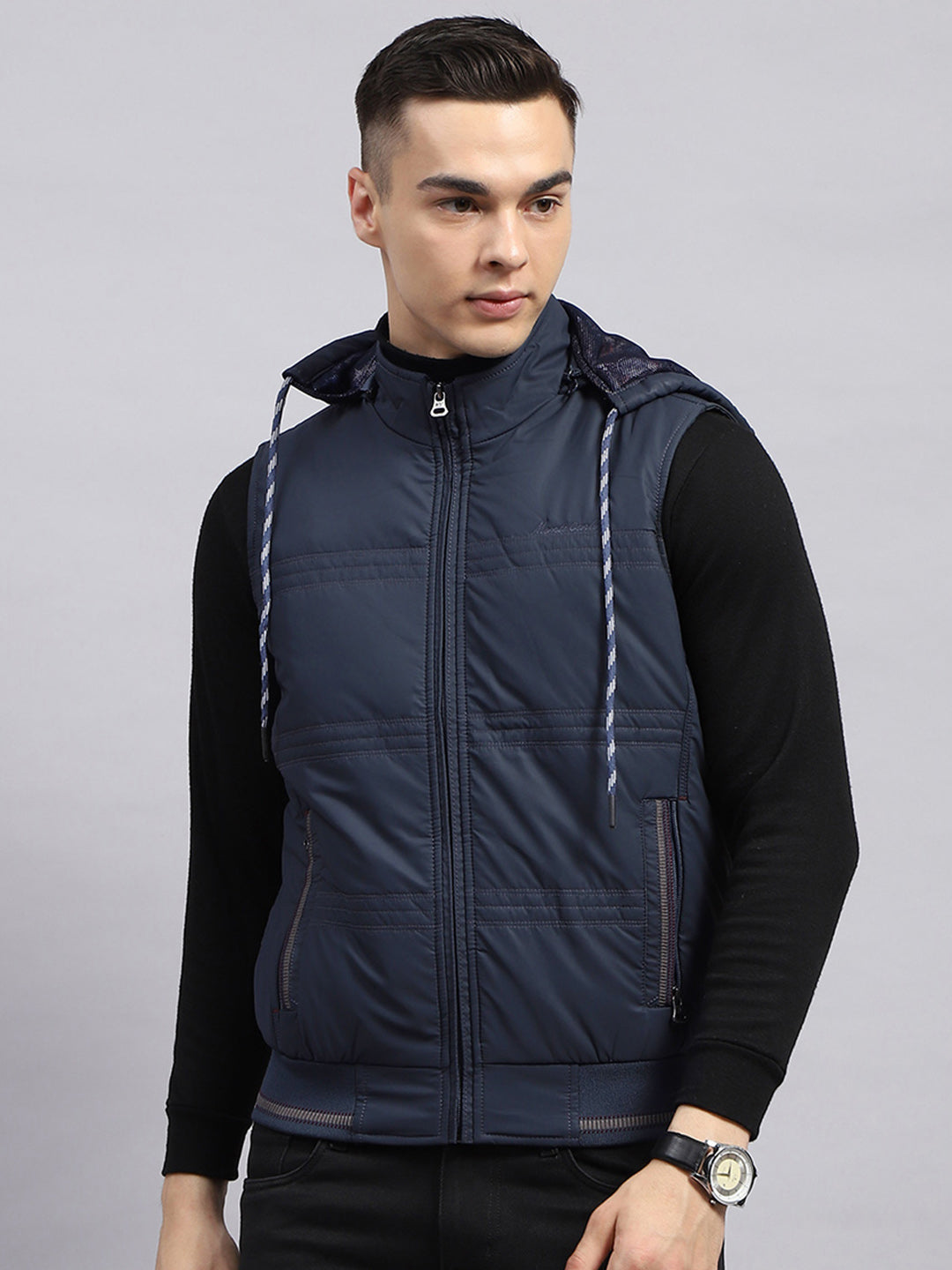 Men Navy Blue Solid Detachable Hood Sleeveless Jacket