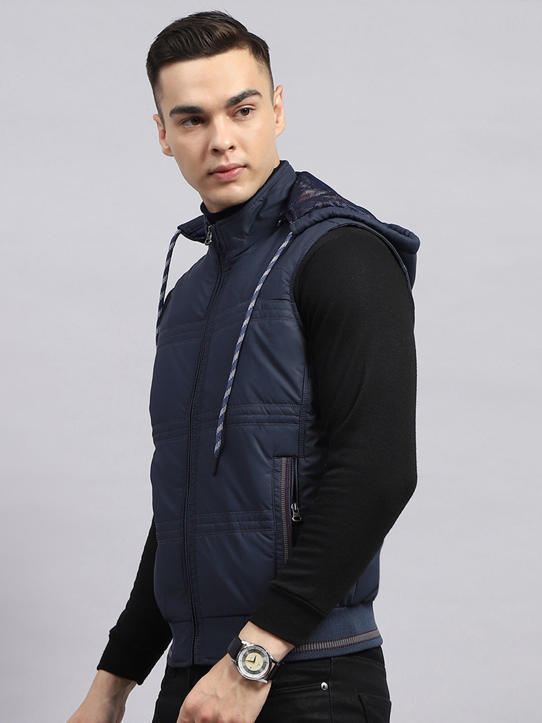 Men Navy Blue Solid Detachable Hood Sleeveless Jacket