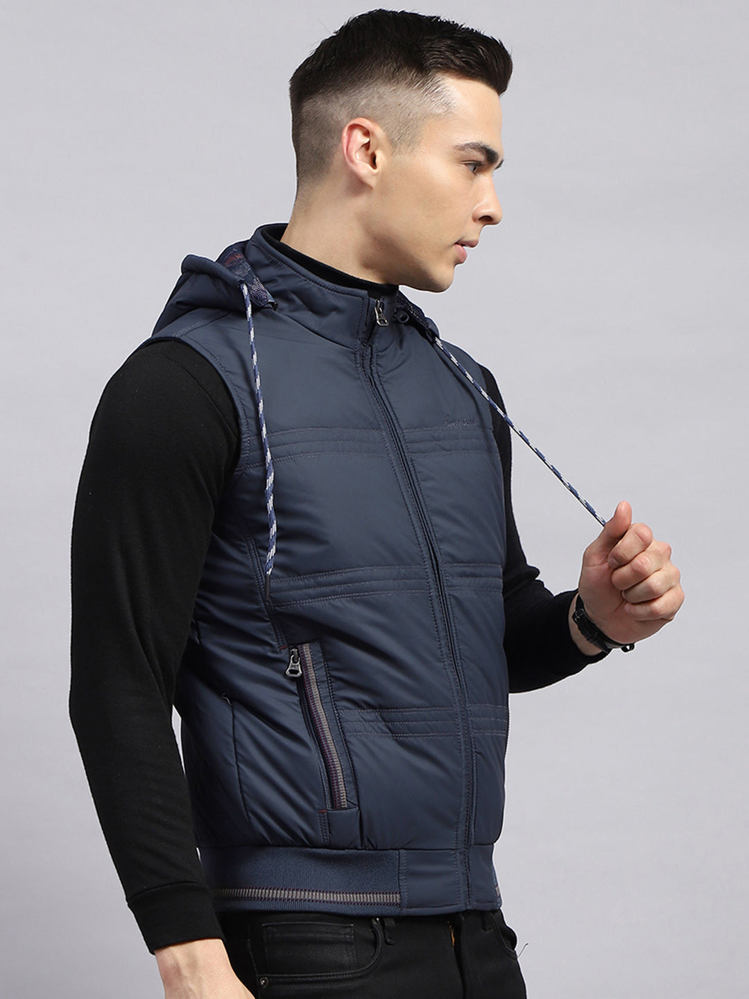 Men Navy Blue Solid Detachable Hood Sleeveless Jacket