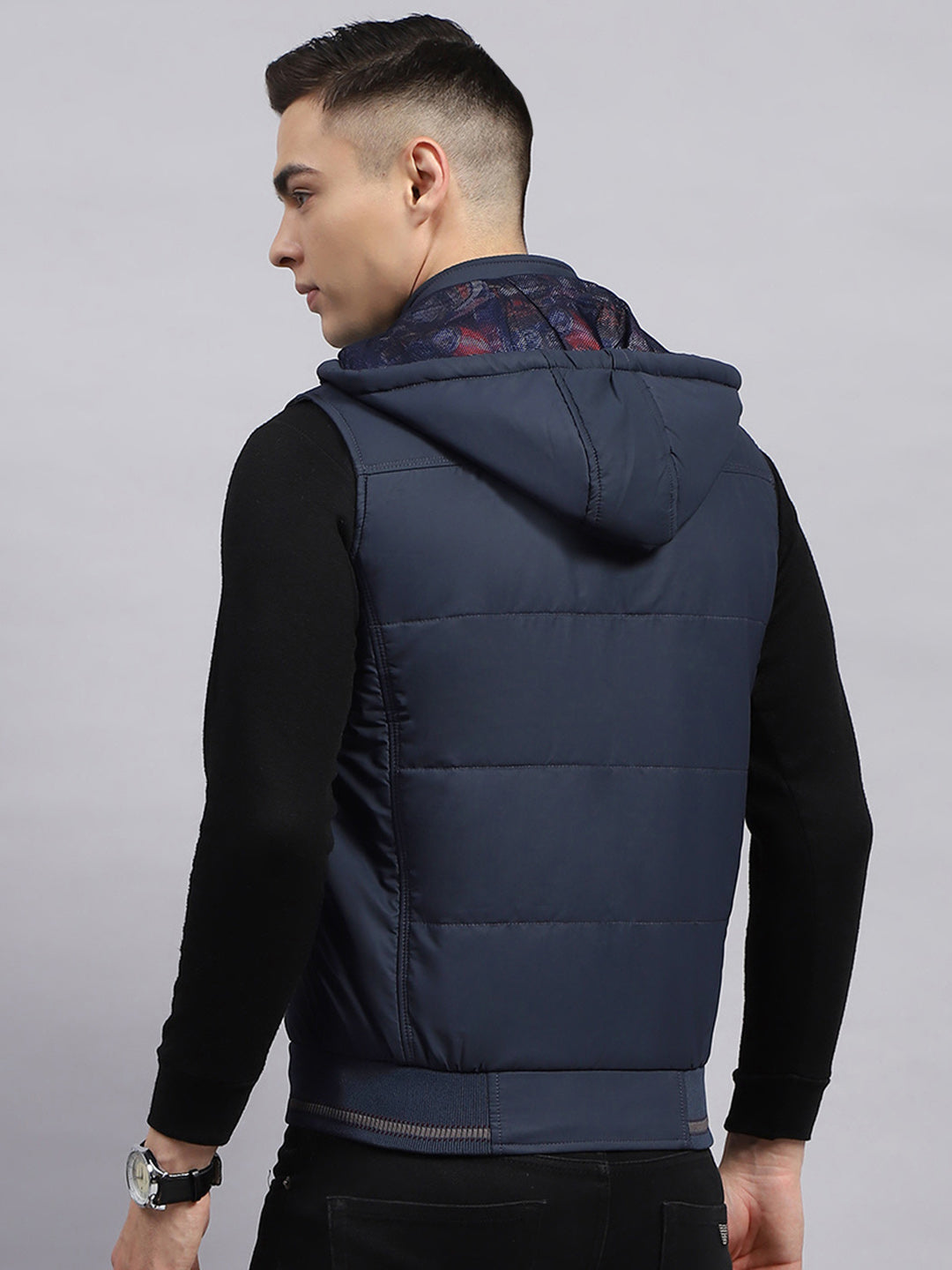 Men Navy Blue Solid Detachable Hood Sleeveless Jacket