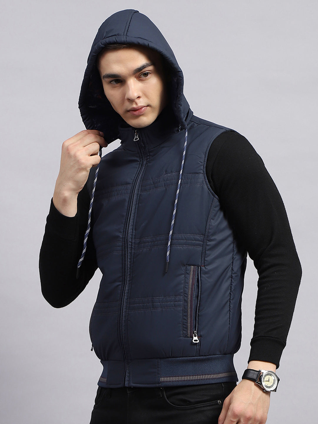 Men Navy Blue Solid Detachable Hood Sleeveless Jacket