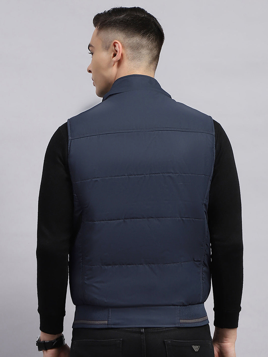 Men Navy Blue Solid Detachable Hood Sleeveless Jacket