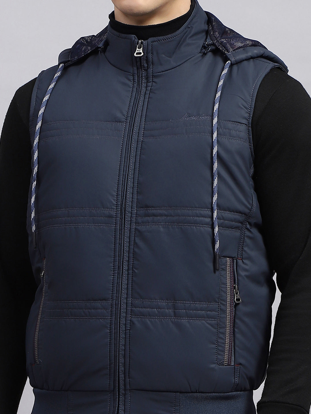 Men Navy Blue Solid Detachable Hood Sleeveless Jacket