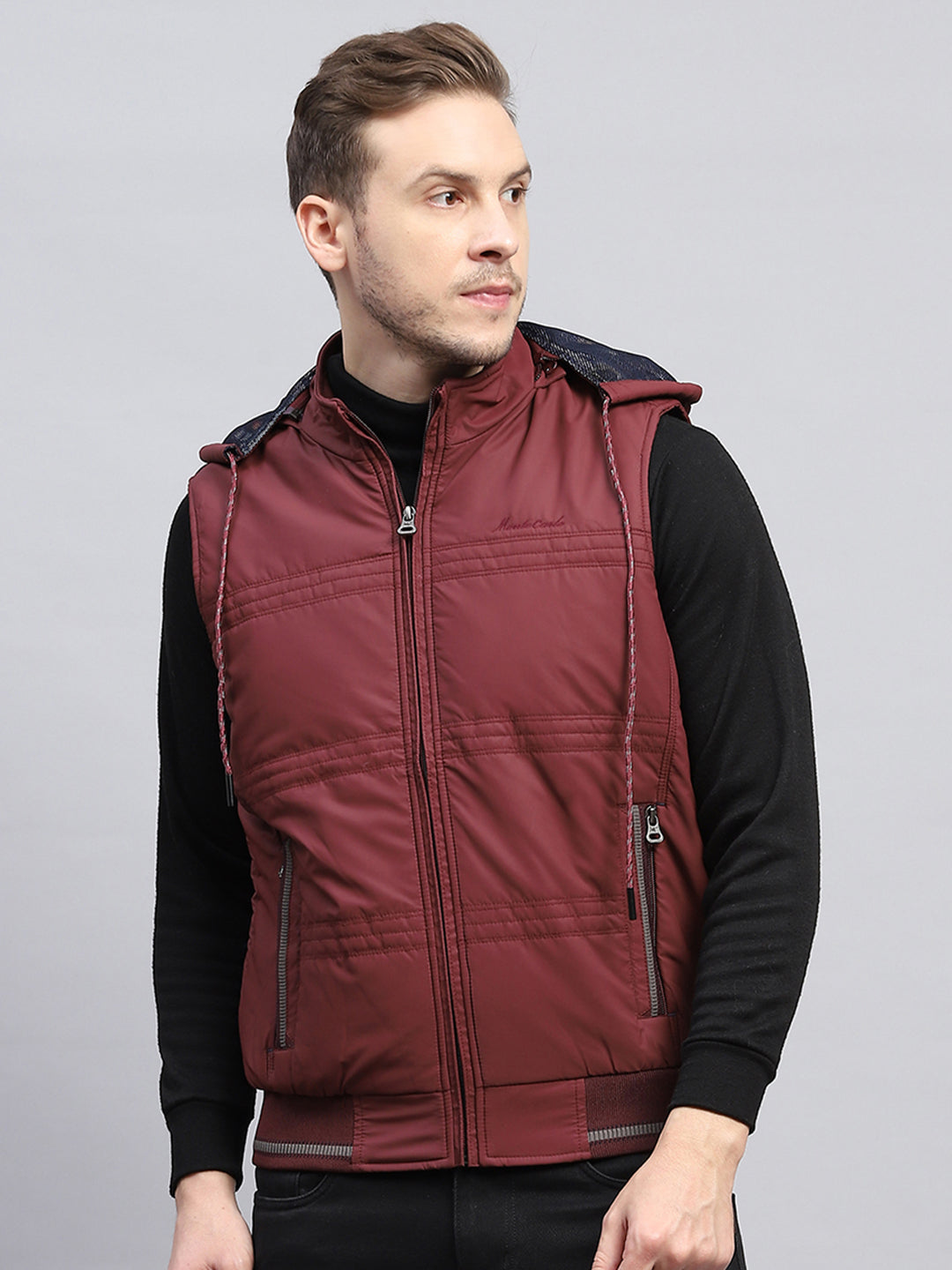 Men Rust Solid Detachable Hood Sleeveless Jacket