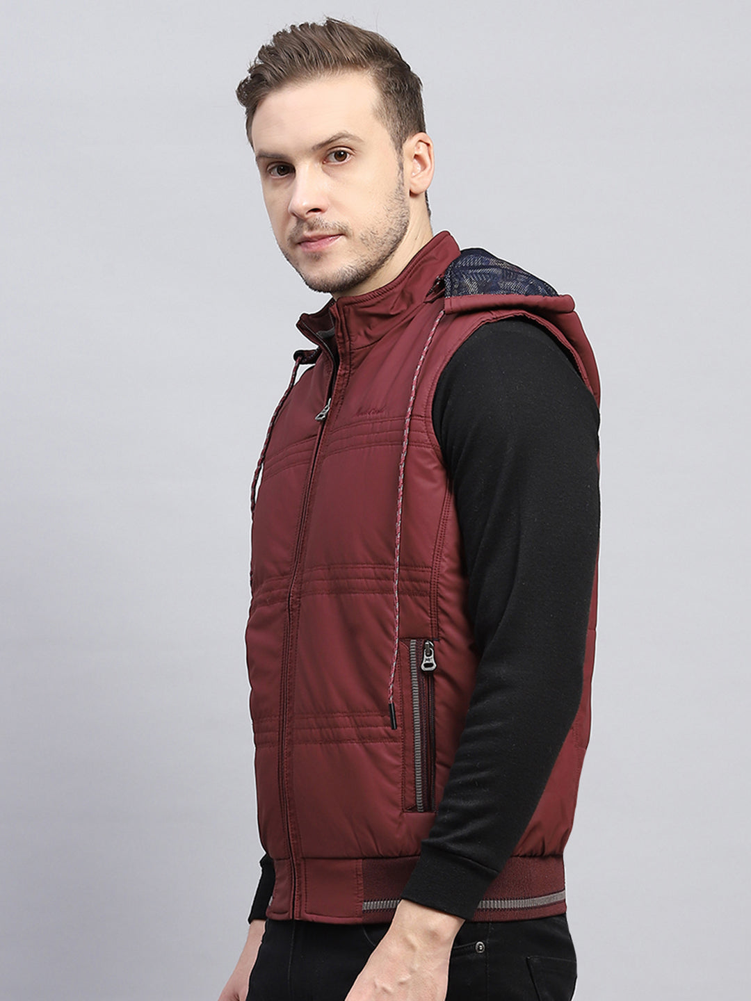 Men Rust Solid Detachable Hood Sleeveless Jacket