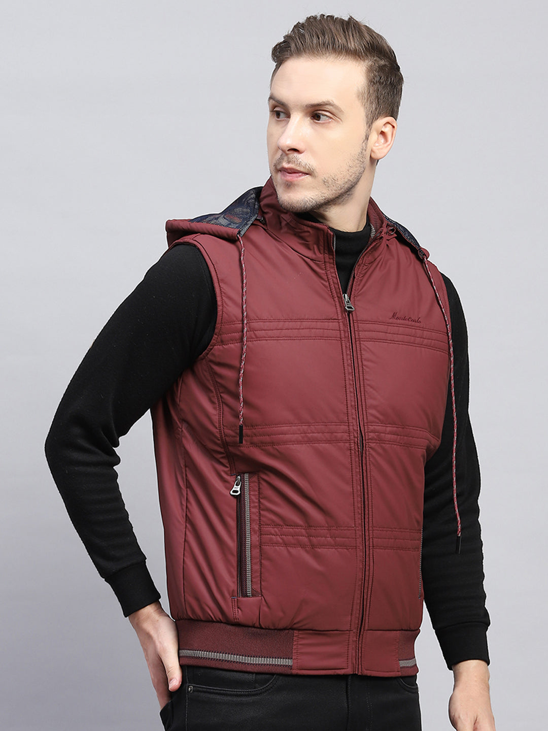 Men Rust Solid Detachable Hood Sleeveless Jacket