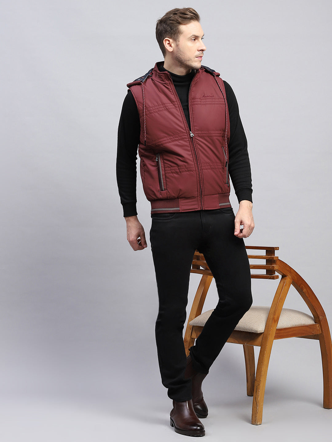 Men Rust Solid Detachable Hood Sleeveless Jacket