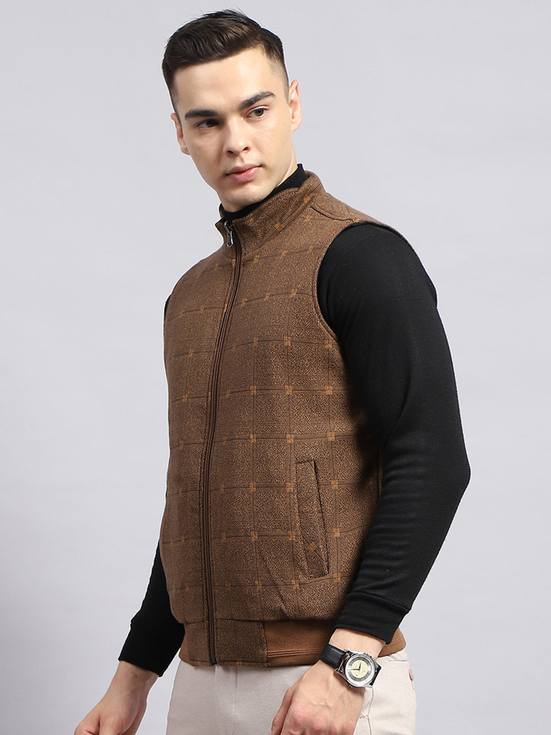 Men Black & Brown Self Design Mock Neck Sleeveless Reversible Jacket