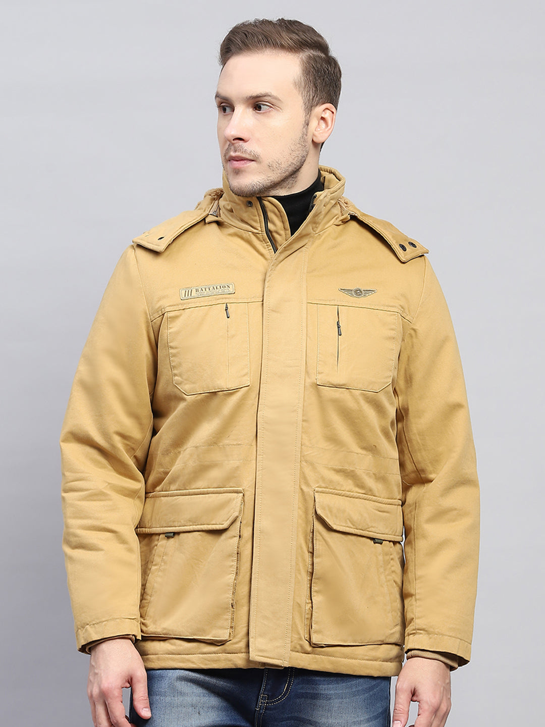 Men Mustard Solid Detachable Hood Full Sleeve Jacket