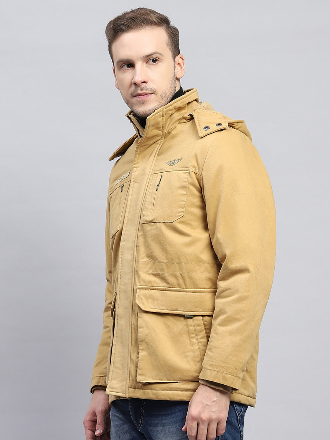 Men Mustard Solid Detachable Hood Full Sleeve Jacket