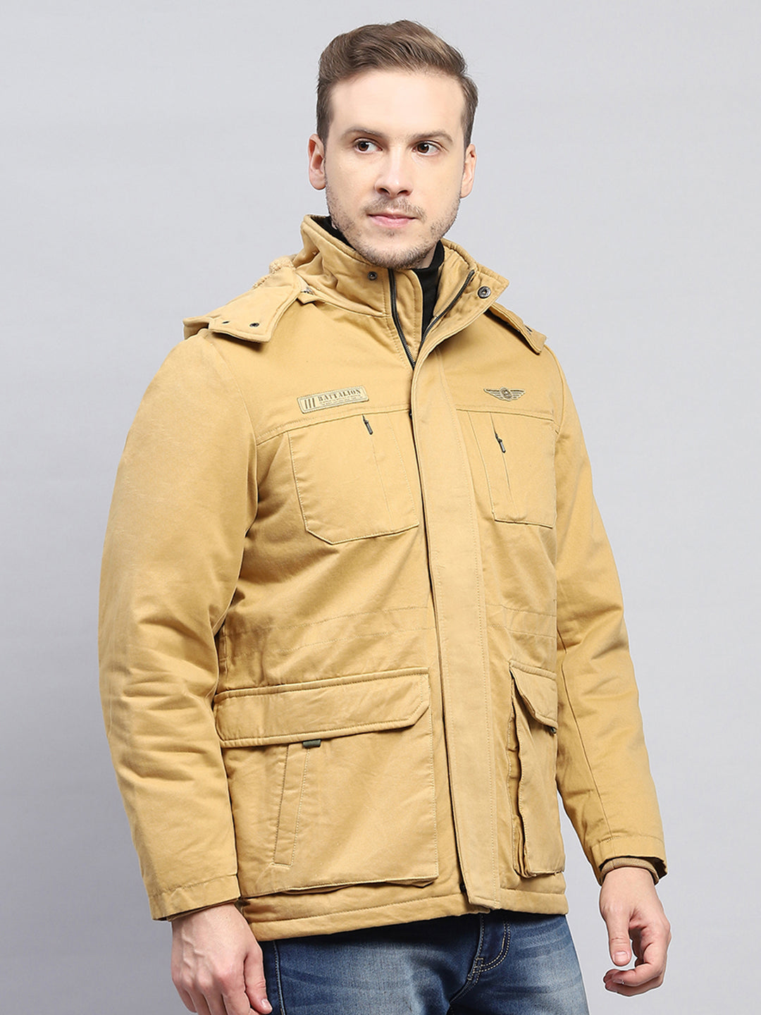 Men Mustard Solid Detachable Hood Full Sleeve Jacket