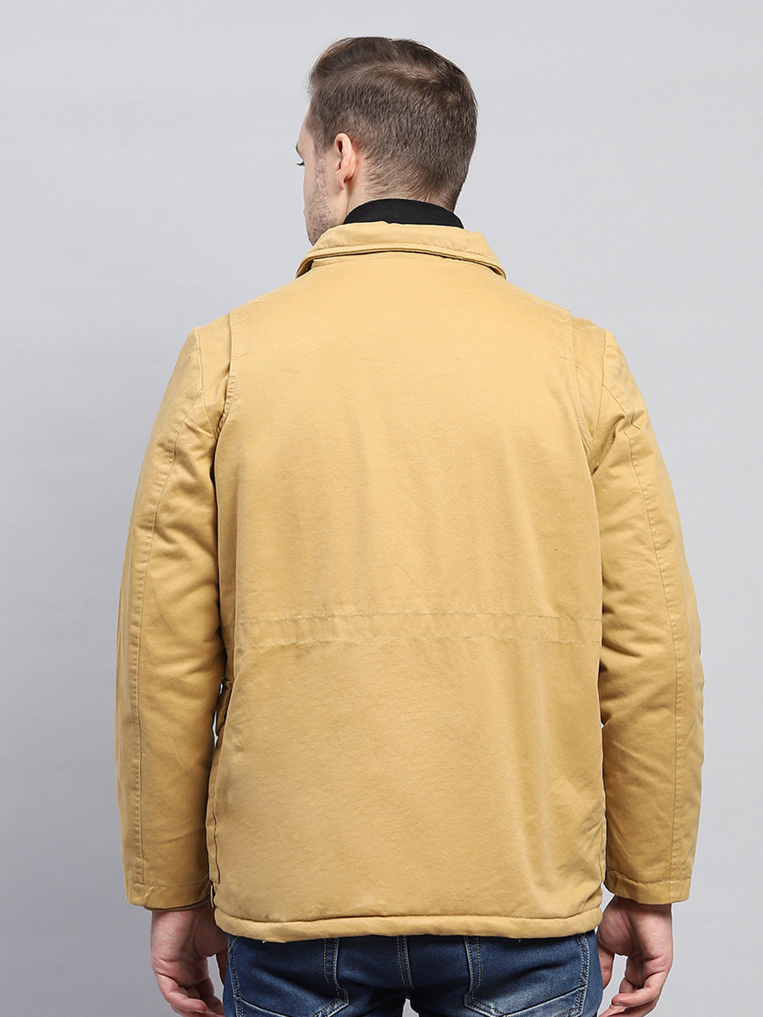 Men Mustard Solid Detachable Hood Full Sleeve Jacket