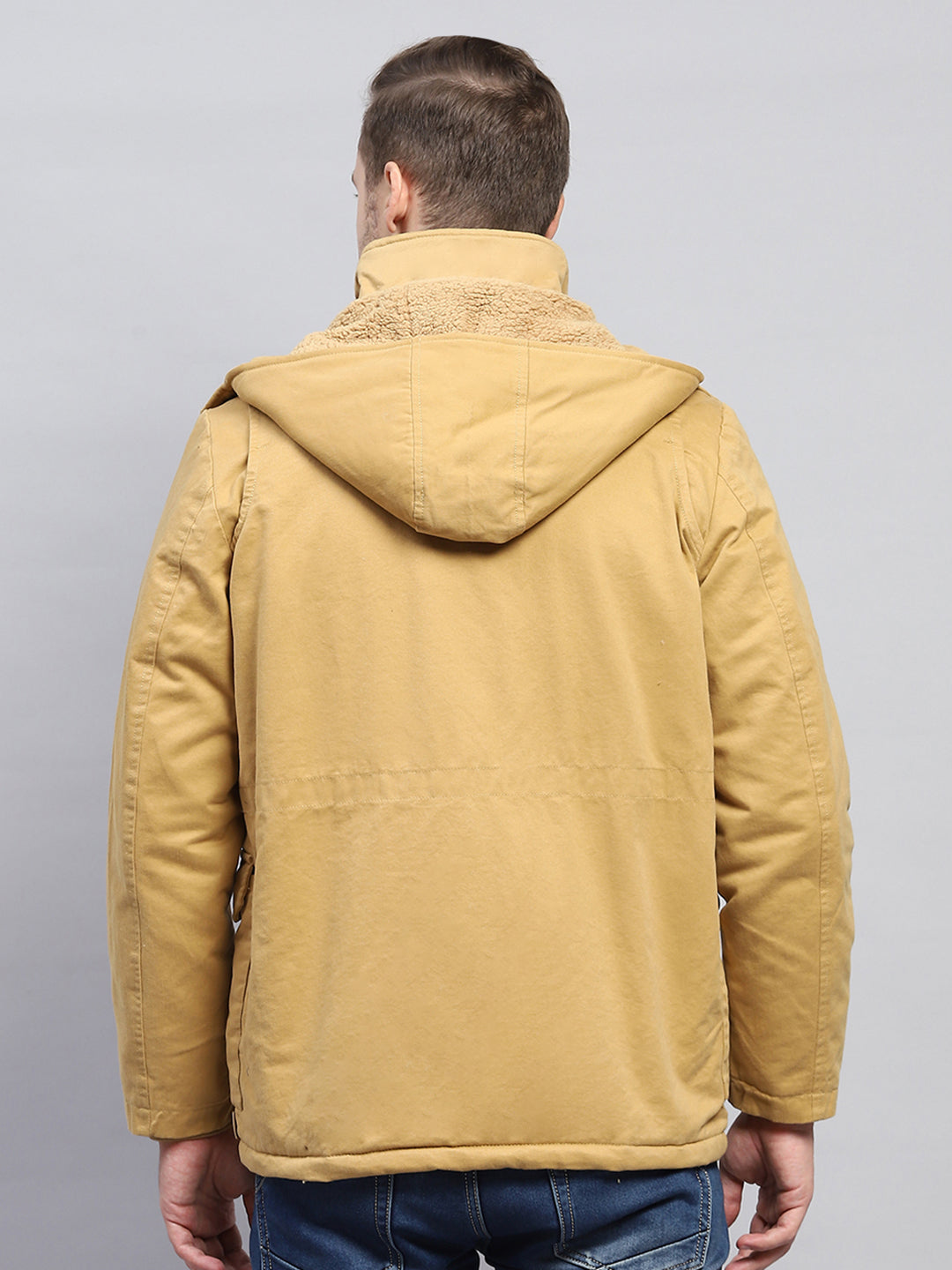 Men Mustard Solid Detachable Hood Full Sleeve Jacket