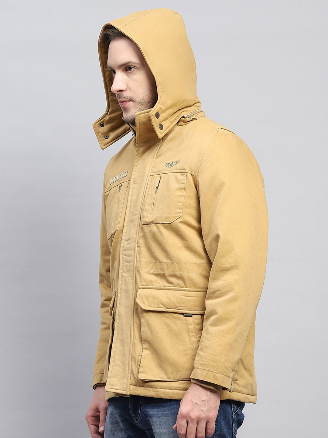 Men Mustard Solid Detachable Hood Full Sleeve Jacket