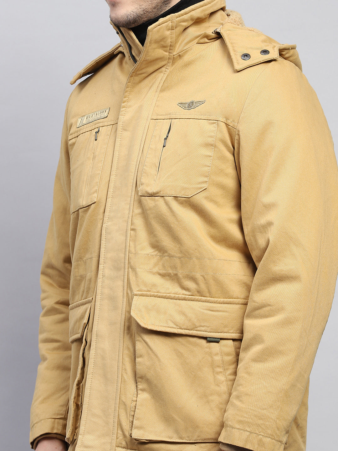 Men Mustard Solid Detachable Hood Full Sleeve Jacket