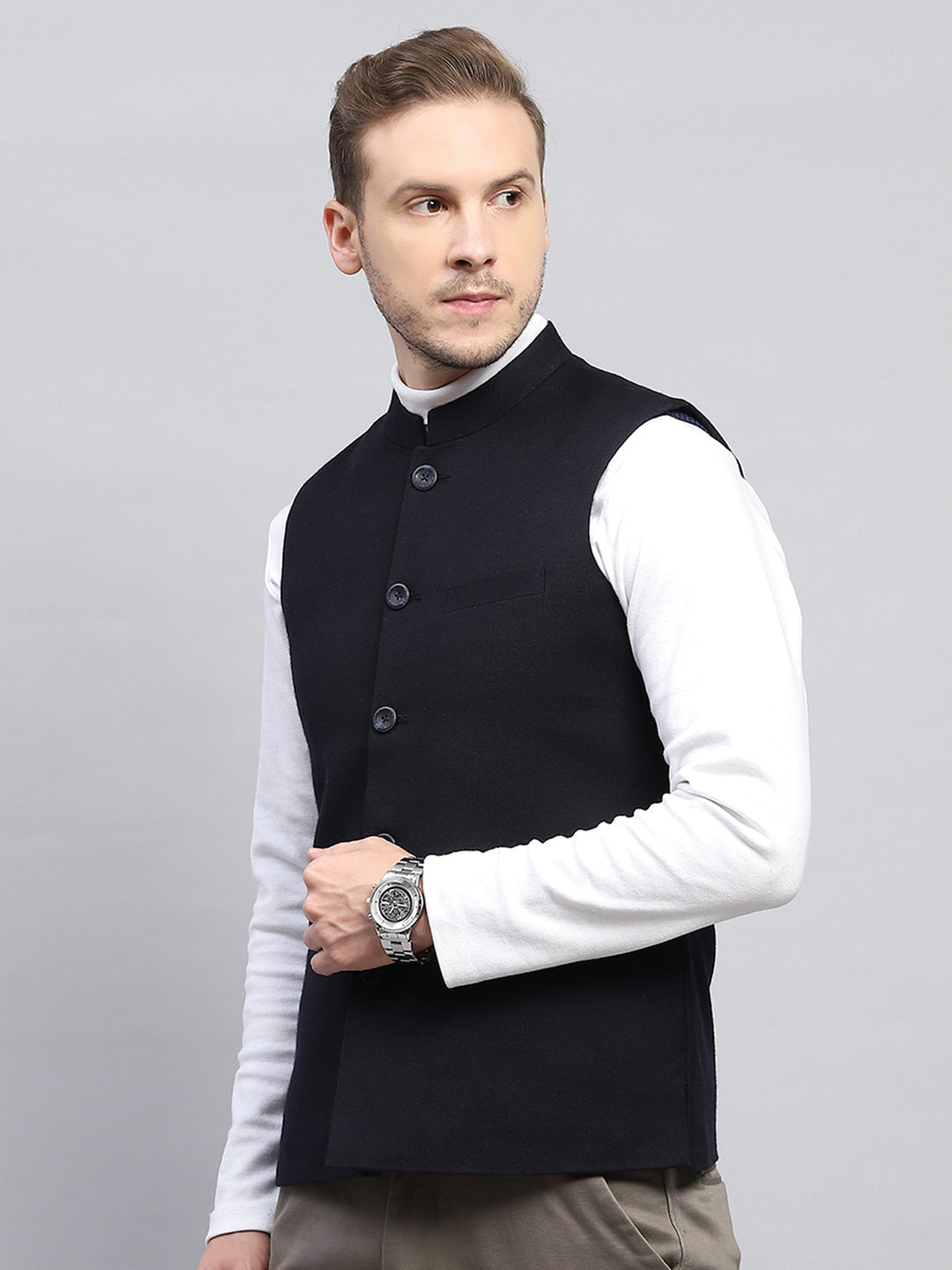 Men Navy Blue Solid Band Collar Sleeveless Coat